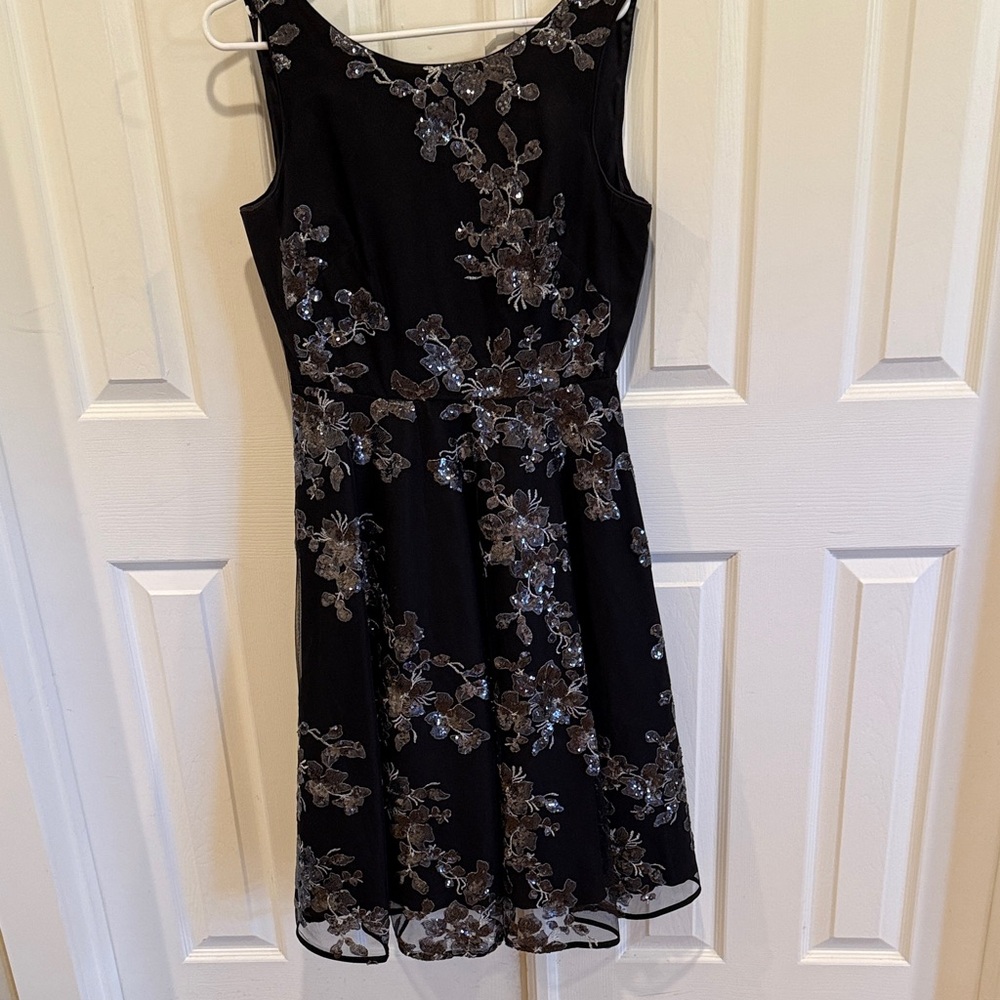 White House Black Market cocktail Black Dress with Silver Floral Design